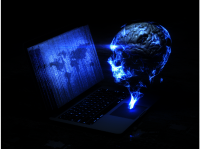 En Laptop, der blau leuchte und daneben ein menschlicher Kopf, ebenfalls blauch leuchtend.