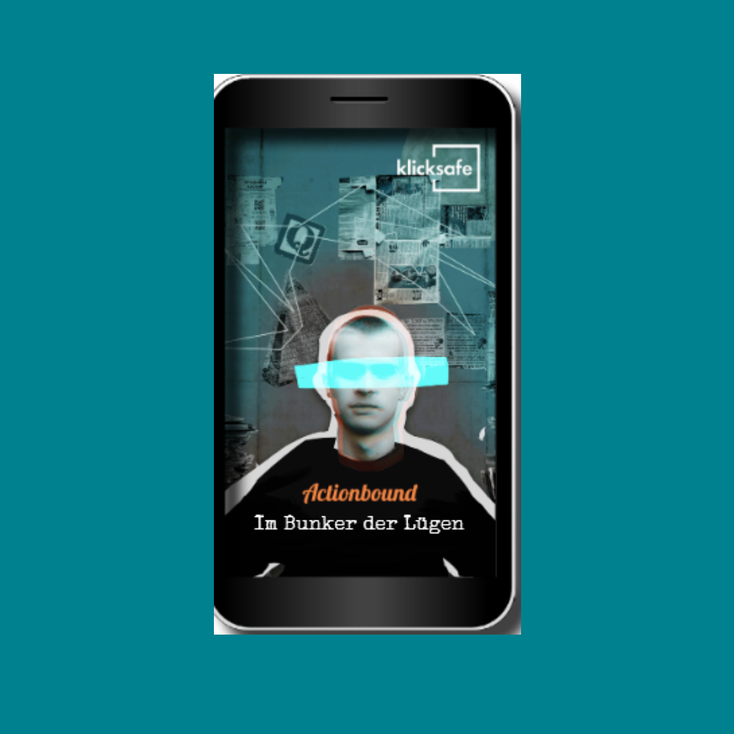 Das Titelbild des Spiels Im Bunker der Lügen von klicksafe.de: Es ist ein Smartphone abgebildet, auf dem eine Person zu sehen ist, dessen Augen mit einem Lichtstrahl verdeckt sind. 