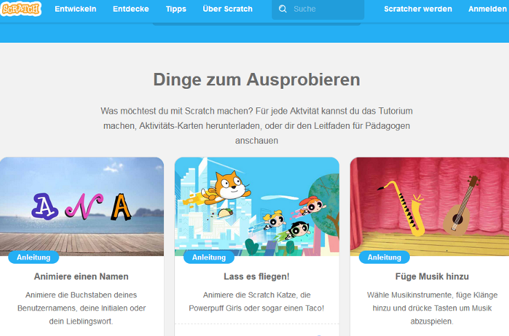 Screenshot der Webseite von Scratch mit Schriftzug: Dinge zum Ausprobieren