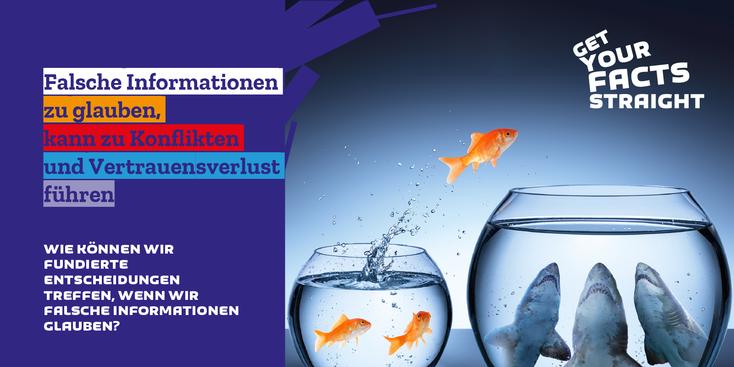 getyourfactsstraight.jpg Ein Goldfisch, der in ein Glas mit Haifischen springt.
