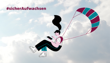 21-03-22_Fallschirm_325_217.png Mädchen hält Smartphone in der Hand und sinkt mit Fallschirm zu Boden.
