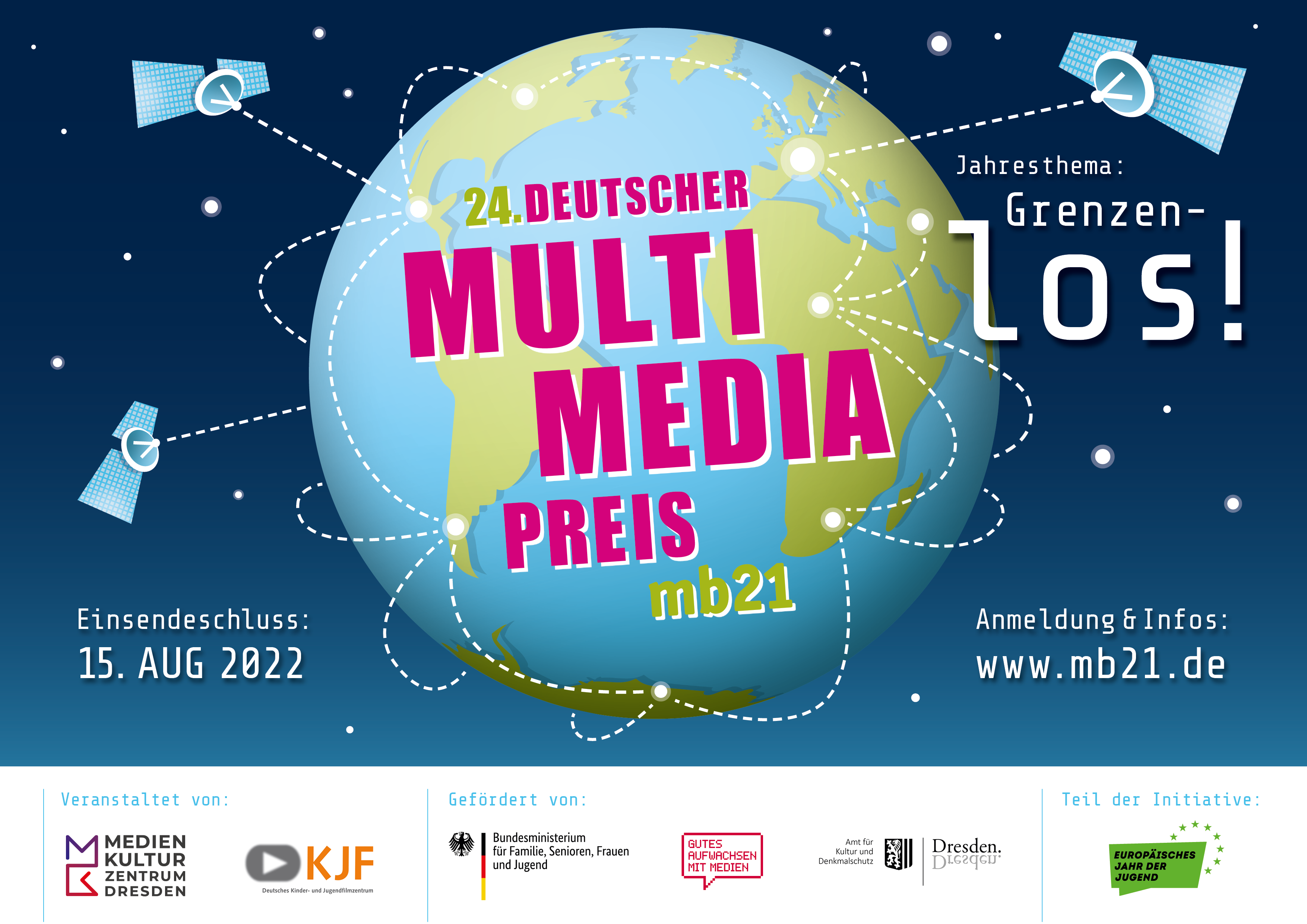 Eine Weltkugel, auf der "24. Deutscher Multimediapreis mb21" steht. 
